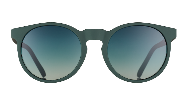 Front view of circle-shaped forest green sunglasses with non-reflective round green gradient lenses.
