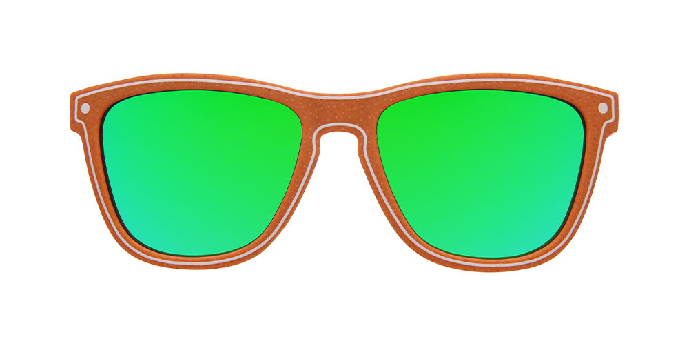 Brown sunglasses with white outline print and green lenses | You'll Never Get This Recipe | goodr sunglasses